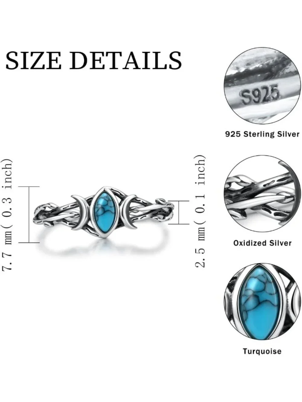 Turquoise Crescent Moon Ring - 925 Sterling Silver Adjustable Vintage Jewelry